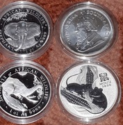 cztery 1 oz srebrne monety bulionowe