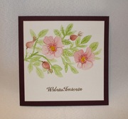 Kartka ręcznie malowana różowe kwiaty dzika róża Urodziny Imieniny ślub