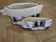 Kosmetyczki, komplet , bawełna z printem oraz kremowy sztruks