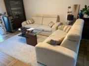 Zestaw wypoczynkowy, sofa 2 szt, pufa, welur, stan