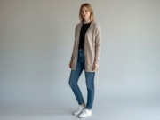 Sisley kardigan beżowy S wełniany dłuższy z paskiem elegancki