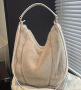 Włochata, Futrzana torebka damska Duża Shopperka Nowa Beżowa