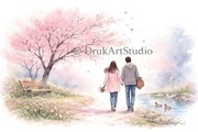 Wiosenny Spacer pod Kwitnącą Wiśnią – Romantyczna Grafika Cyfrowa