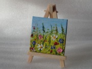 POLNE KWIATY ŁĄKA obrazek olejny 7x7cm miniatura sztaluga zestaw