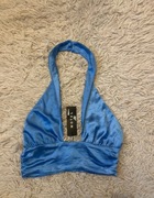 Niebieska bluzka top odkryte plecy ala satynowy