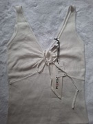 NOWY Biały Top Damski MORGAN DE TOI - Prążkowany, Wiązany Dekolt V