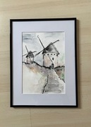Obraz akwarela ręcznie malowany Holenderskie wiatraki A4 art nowy