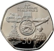 GIBRALTAR 2025 50p 80.lecie II Wojny Światowej OKRĘT SAMOLOT CZOŁG unc