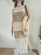 Sukienka dziergana plażowa letnia 36 S bdb beżowa prosta midi rozporek