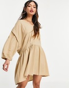Mango oversize babydoll sukienka balonowe rękawy bufki beżowa karmelowa y2k