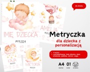 Pamiątkowy plakat - Metryczka dla dziecka chrzest, urodziny do druku A4 