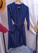 Sukienka midi granatowa w paski 38 M pasek elegancka do pracy DUNNES