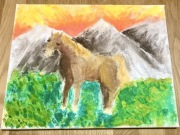 Koń w górach - płótno 30x24, akwarela 