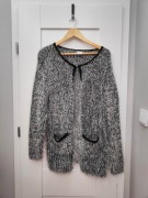 sweter kardigan Oxmo rozmiar L czarny biały włochaty długi