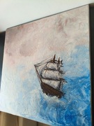 Statek w Chmurach Obraz Olej 60x60 Abstrakcja Fale Róż Błękit Impasto