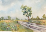 Obraz akwarelowy - pejzaż letni  28 cm x 19,5 cm + 0,5 cm margines