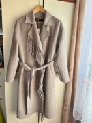 36 S Zara handmade wełniany płaszcz beż frędzle wełna