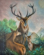 Obraz olejny ręcznie malowany pt. Rodzinka jeleni