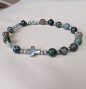 Bransoletka różaniec kamienie agat indyjski krzyżyk serduszko prezent