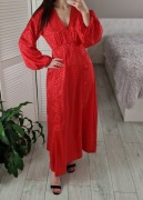 Asos czerwona satynowa sukienka midi maxi w panterkę z długim rękawem 34 XS