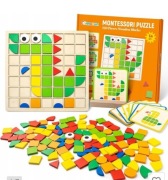 COMMODUM ZESTAW 120 DREWNIANYCH KLOCKÓW MOZAIKA GRA MONTESSORI DLA DZIECI 