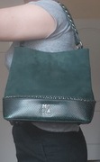 Moda in Pelle skórzana torebka na ramię butelkowa zieleń skóra węża zamsz