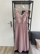 Długa suknia z koronką i cekinami | pudrowy róż | Rozmiar 44 | NOWA