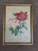 Obraz olejny J. Rata 1990 – Dwie róże, martwa natura, ręcznie malowany