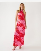 RÓŻOWOCZERWONA KLASYCZNA SUKIENKA MAXI ZAMEK DEKOLT STÓJKA WAREHOUSE 40