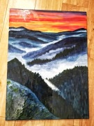 Obraz akrylowy „Zachód słońca nad Gorcami” – ręcznie malowany, duży obraz