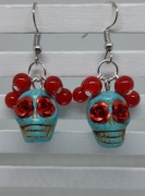 Kolczyki Dia de Muertos niebieski czerwony czaszki róże, Handmade