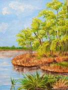 OBRAZ RĘCZNIE MALOWANY PEJZAŻ AKRYLOWY "NAD SPOKOJNĄ WODĄ"- 24x30cm