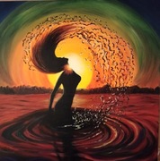 Kobieta w jeziorze kąpiąca się, obraz ręcznie malowany 