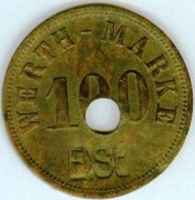 BRZEG DOLNY - WERTH-MARKE 100 mos, śr. 28,9 mm, punce O A  i  E.St.