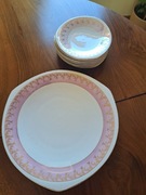 Chodzież komplet talerz do ciasta + 6 talerzyków różowe złote wykończenie