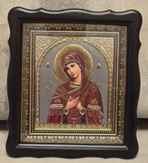 Piękna ikona Prawosławna w kiocie Matka Boska Siedmiostrelnaja. Nowa.