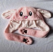 Urocza pluszowa czapka różowa z uszkami łapkami kawaii królik cosplay