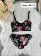 Nowy komplet bielizny czarny w kwiaty z gorsetem braletem seksowny M 