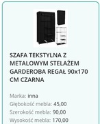 SZAFA TEKSTYLNA Z METALOWYM STELAŻEM GARDEROBA REGAŁ 90x170 CM CZARNA