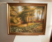 Art-Miś PIĘKNY OLEJNY PEJZAŻ LAS GRUBA FAKTURA OLEJ PŁÓTNO ZŁOTA RAMA 48X58