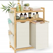 Kosz na pranie 2 x 50L bambus z półką i kieszeniami bocznymi 63 x 33 x 98cm