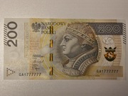 banknot 200zł kolekcjonerski GA1777777