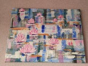 Obraz lilie wodne malowany ręcznie farbami akrylowymi 30 x 40 cm 