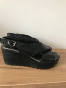 Wojas skóra sandały klapki czarne platforma obcas koturn mule 38