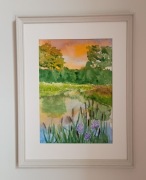 obraz akwarela pejzaż  zachód słońca nad jeziorem format A4