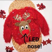 Sweterek świąteczny świecący nos renifer 98 puchaty miękki czerwony cekiny