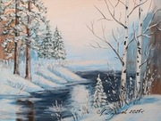 OBRAZ RĘCZNIE MALOWANY PEJZAŻ AKRYLOWY "ZIMOWY BŁĘKIT" - 24x30cm