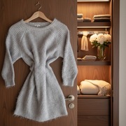 Sweter damski River Island oversize 3/4 rękawki popielaty szary M włochaty