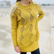 SWETER DAMSKI TUNIKA PERŁY UNI SIZE OLIWKOWY