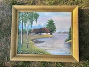 Stary obraz olejny "chaty nad wodą, brzozy", sygnowany